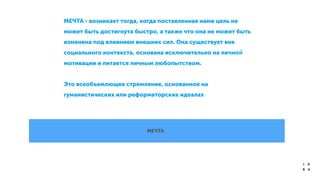 МЕЧТА
МЕЧТА - возникает тогда, когда поставленная нами цель не
может быть достигнута быстро, а также что она не может быть
изменена под влиянием внешних сил. Она существует вне
социального контекста, основана исключительно на личной
мотивации и питается личным любопытством.
!
Это всеобъемлющее стремление, основанное на
гуманистических или реформаторских идеалах	

 