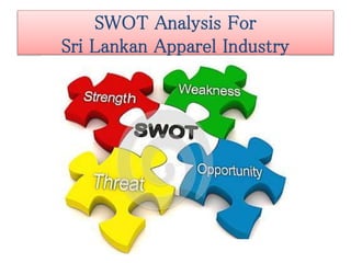 Increase the global market share
Free Trade Agreement
Improve the Technology
Initiate steps to get the GSP+
Establish Brand for Sri Lanka
Provide Financial Support for SME
Improve efficiency of workforce
 
