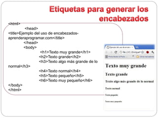 <html>
<head>
<title>Ejemplo del uso de encabezados-
aprenderaprogramar.com</title>
</head>
<body>
<h1>Texto muy grande</h1>
<h2>Texto grande</h2>
<h3>Texto algo más grande de lo
normal</h3>
<h4>Texto normal</h4>
<h5>Texto pequeño</h5>
<h6>Texto muy pequeño</h6>
</body>
</html>
 