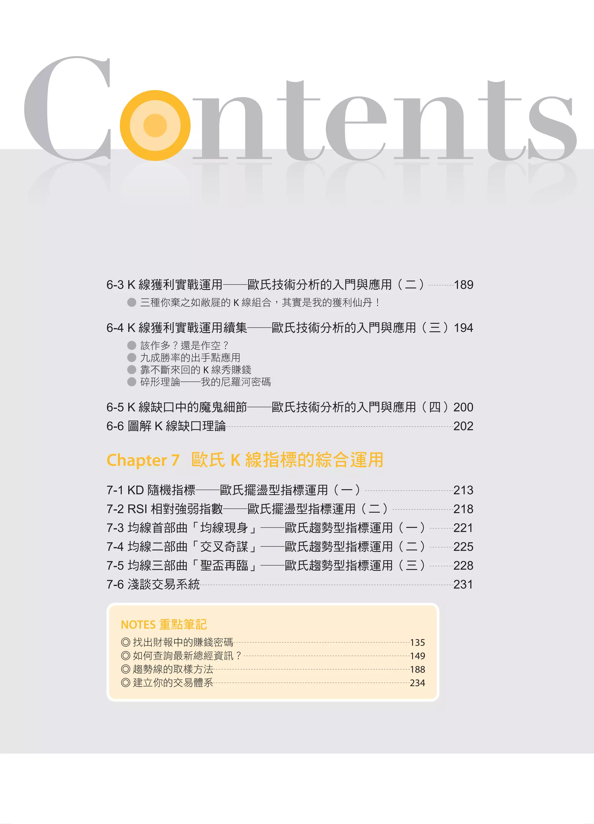 C ntentsC ntents
6-3 K 線獲利實戰運用――歐氏技術分析的入門與應用（二） 189
● 三種你棄之如敝屣的 K 線組合，其實是我的獲利仙丹！
6-4 K 線獲利實戰運用續集――歐氏技術分析的入門與應用（三）194
● 該作多？還是作空？
● 九成勝率的出手點應用
● 靠不斷來回的 K 線秀賺錢
● 碎形理論──我的尼羅河密碼
6-5 K 線缺口中的魔鬼細節――歐氏技術分析的入門與應用（四）200
6-6 圖解 K 線缺口理論 202
Chapter 7 歐氏 K 線指標的綜合運用
7-1 KD 隨機指標――歐氏擺盪型指標運用（一） 213
7-2 RSI 相對強弱指數――歐氏擺盪型指標運用（二） 218
7-3 均線首部曲「均線現身」――歐氏趨勢型指標運用（一） 221
7-4 均線二部曲「交叉奇謀」――歐氏趨勢型指標運用（二） 225
7-5 均線三部曲「聖盃再臨」――歐氏趨勢型指標運用（三） 228
7-6 淺談交易系統 231
NOTES 重點筆記
◎ 找出財報中的賺錢密碼 135
◎ 如何查詢最新總經資訊？ 149
◎ 趨勢線的取樣方法 188
◎ 建立你的交易體系 234
Part1.indd 9 2015/5/4 下午10:16
 