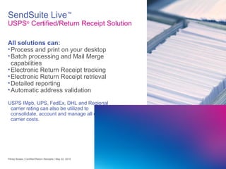 11
SendSuite Live™
USPS®
Certified/Return Receipt Solution
All solutions can:
•Process and print on your desktop
•Batch processing and Mail Merge
capabilities
•Electronic Return Receipt tracking
•Electronic Return Receipt retrieval
•Detailed reporting
•Automatic address validation
USPS IMpb, UPS, FedEx, DHL and Regional
carrier rating can also be utilized to
consolidate, account and manage all of your
carrier costs.
Pitney Bowes | Certified Return Receipts | May 22, 2015
 