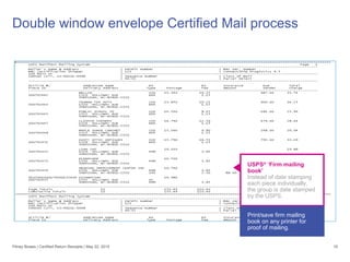 Double window envelope Certified Mail process
16
USPS®
‘Firm mailing
book’
Instead of date stamping
each piece individually,
the group is date stamped
by the USPS.
Print/save firm mailing
book on any printer for
proof of mailing.
Pitney Bowes | Certified Return Receipts | May 22, 2015
 