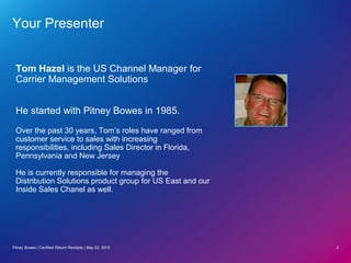 Pitney Bowes | Certified Return Receipts | May 22, 2015 2
Your Presenter
Tom Hazel is the US Channel Manager for
Carrier Management Solutions
He started with Pitney Bowes in 1985.
Over the past 30 years, Tom’s roles have ranged from
customer service to sales with increasing
responsibilities, including Sales Director in Florida,
Pennsylvania and New Jersey
He is currently responsible for managing the
Distribution Solutions product group for US East and our
Inside Sales Chanel as well.
 