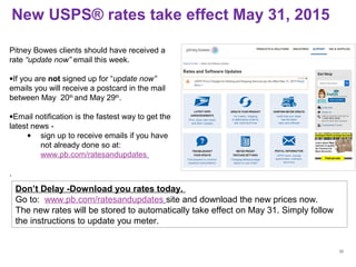 New USPS® rates take effect May 31, 2015
32
Pitney Bowes clients should have received a
rate “update now” email this week.
•If you are not signed up for “update now”
emails you will receive a postcard in the mail
between May 20th
and May 29th
.
•Email notification is the fastest way to get the
latest news -
• sign up to receive emails if you have
not already done so at:
www.pb.com/ratesandupdates
.
Don’t Delay -Download you rates today.
Go to: www.pb.com/ratesandupdates site and download the new prices now.
The new rates will be stored to automatically take effect on May 31. Simply follow
the instructions to update you meter.
 