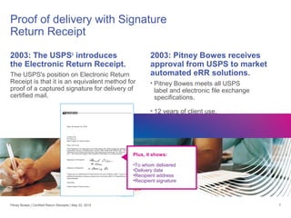 7
Proof of delivery with Signature
Return Receipt
2003: The USPS®
introduces
the Electronic Return Receipt.
The USPS's position on Electronic Return
Receipt is that it is an equivalent method for
proof of a captured signature for delivery of
certified mail.
2003: Pitney Bowes receives
approval from USPS to market
automated eRR solutions.
• Pitney Bowes meets all USPS
label and electronic file exchange
specifications.
• 12 years of client use.
Plus, it shows:
•To whom delivered
•Delivery date
•Recipient address
•Recipient signature
Pitney Bowes | Certified Return Receipts | May 22, 2015
 