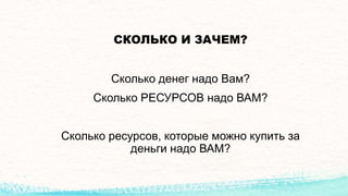 СКОЛЬКО И ЗАЧЕМ?
Сколько денег надо Вам?
Сколько РЕСУРСОВ надо ВАМ?
Сколько ресурсов, которые можно купить за
деньги надо ВАМ?
 