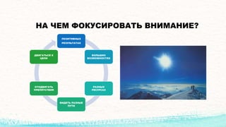 НА ЧЕМ ФОКУСИРОВАТЬ ВНИМАНИЕ?
ПОЗИТИВНЫХ
РЕЗУЛЬТАТАХ
БОЛЬШИХ
ВОЗМОЖНОСТЯХ
РАЗНЫХ
РЕСУРСАХ
ВИДЕТЬ РАЗНЫЕ
ПУТИ
ОТОДВИГАТЬ
ПРЕПЯТСТВИЯ
ДВИГАТЬСЯ К
ЦЕЛИ
 