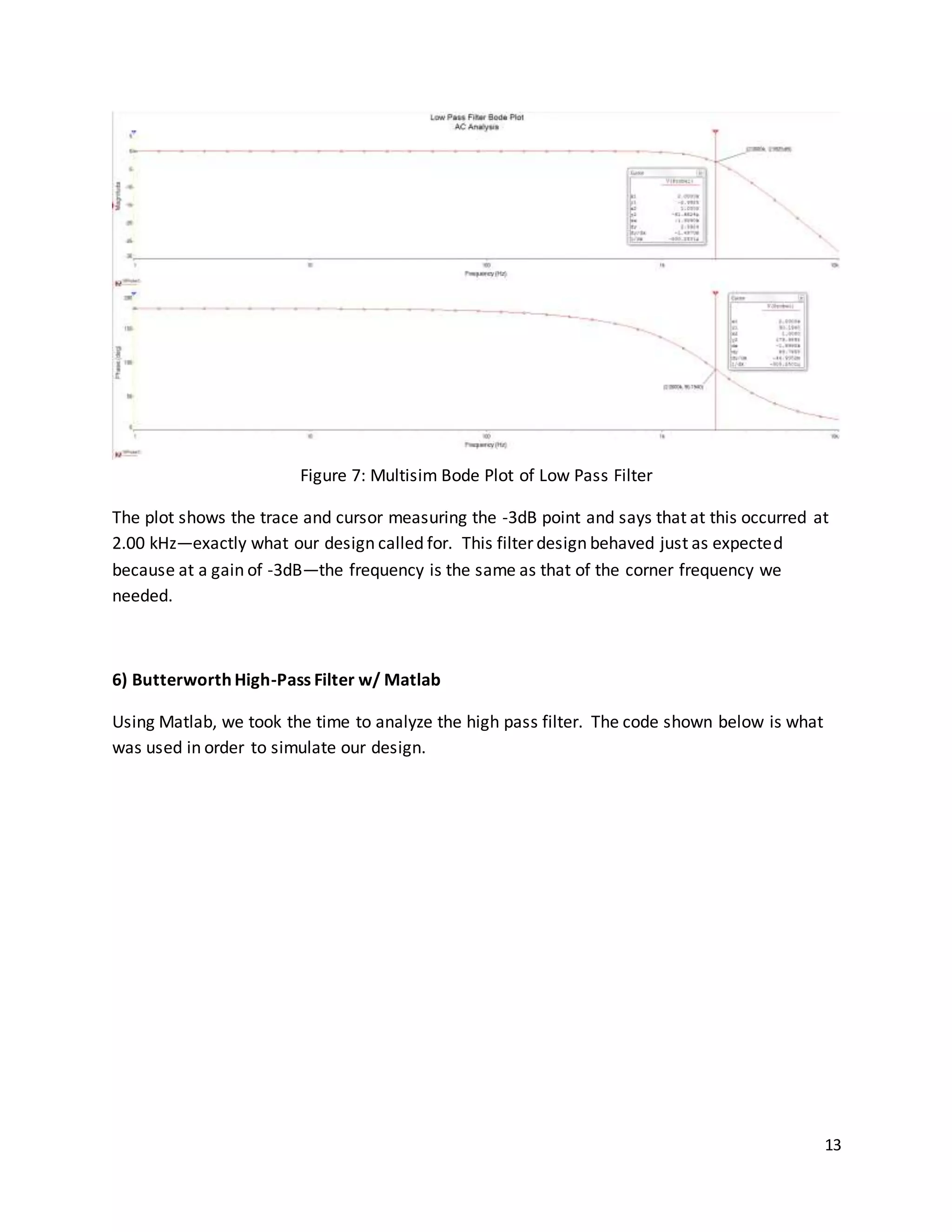 13
Figure 7: Multisim Bode Plot of Low Pass Filter
The plot shows the trace and cursor measuring the -3dB point and says that at this occurred at
2.00 kHz—exactly what our design called for. This filter design behaved just as expected
because at a gain of -3dB—the frequency is the same as that of the corner frequency we
needed.
6) Butterworth High-Pass Filter w/ Matlab
Using Matlab, we took the time to analyze the high pass filter. The code shown below is what
was used in order to simulate our design.
 