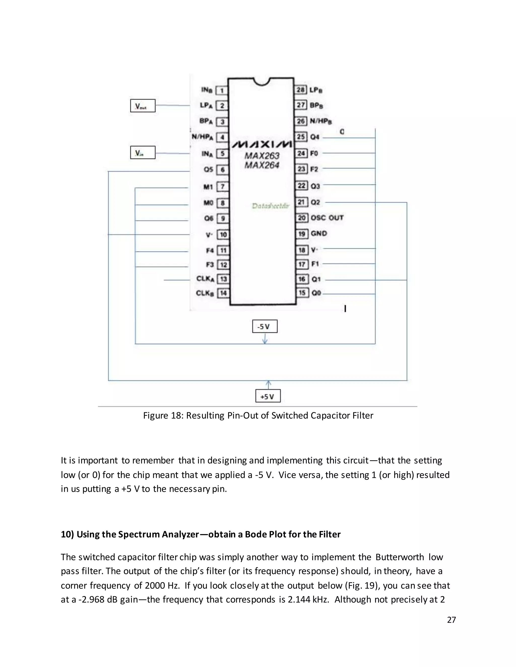27
Figure 18: Resulting Pin-Out of Switched Capacitor Filter
It is important to remember that in designing and implementing this circuit—that the setting
low (or 0) for the chip meant that we applied a -5 V. Vice versa, the setting 1 (or high) resulted
in us putting a +5 V to the necessary pin.
10) Using the Spectrum Analyzer—obtain a Bode Plot for the Filter
The switched capacitor filter chip was simply another way to implement the Butterworth low
pass filter. The output of the chip’s filter (or its frequency response) should, in theory, have a
corner frequency of 2000 Hz. If you look closely at the output below (Fig. 19), you can see that
at a -2.968 dB gain—the frequency that corresponds is 2.144 kHz. Although not precisely at 2
 