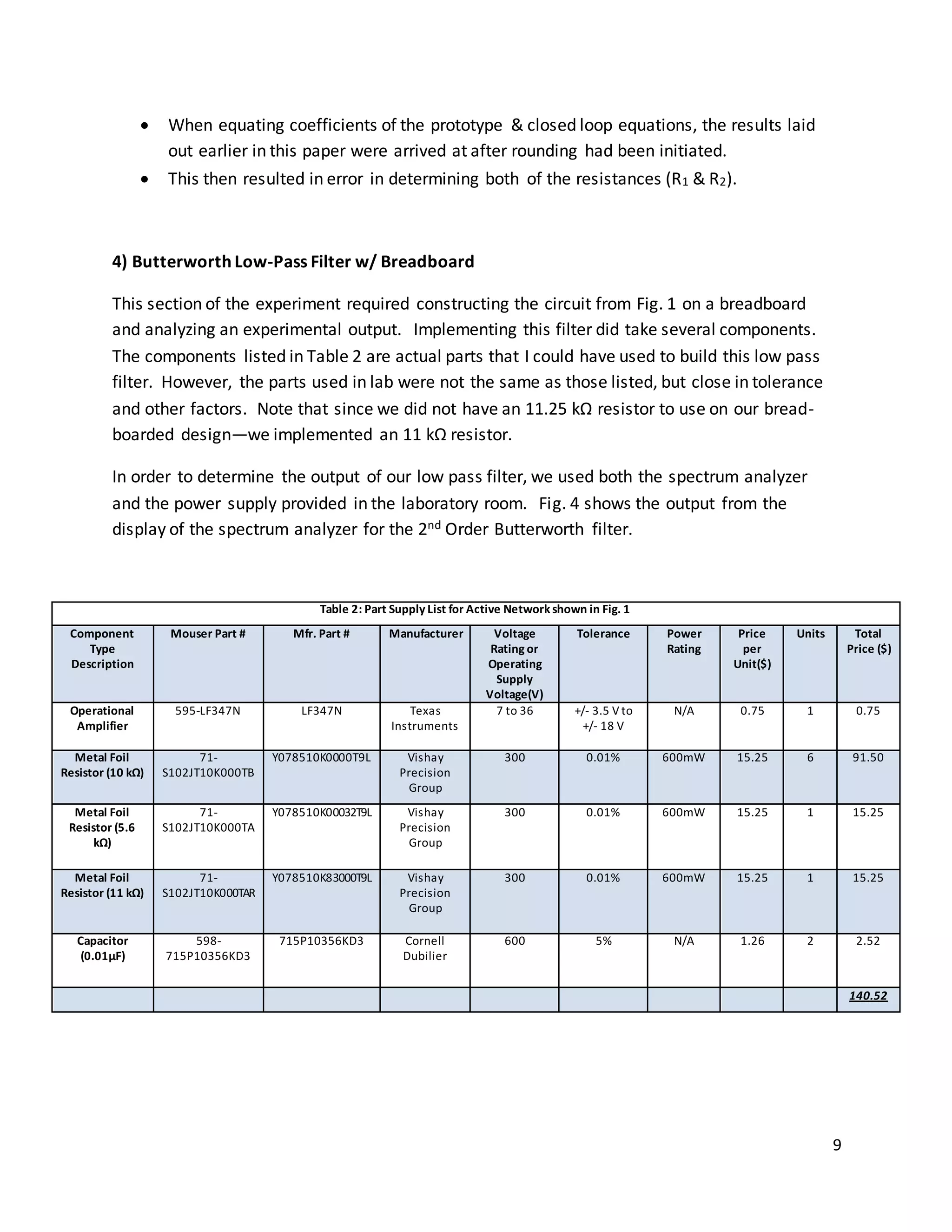 9
 When equating coefficients of the prototype & closed loop equations, the results laid
out earlier in this paper were arrived at after rounding had been initiated.
 This then resulted in error in determining both of the resistances (R1 & R2).
4) Butterworth Low-Pass Filter w/ Breadboard
This section of the experiment required constructing the circuit from Fig. 1 on a breadboard
and analyzing an experimental output. Implementing this filter did take several components.
The components listed in Table 2 are actual parts that I could have used to build this low pass
filter. However, the parts used in lab were not the same as those listed, but close in tolerance
and other factors. Note that since we did not have an 11.25 kΩ resistor to use on our bread-
boarded design—we implemented an 11 kΩ resistor.
In order to determine the output of our low pass filter, we used both the spectrum analyzer
and the power supply provided in the laboratory room. Fig. 4 shows the output from the
display of the spectrum analyzer for the 2nd Order Butterworth filter.
Table 2: Part Supply List for Active Network shown in Fig. 1
Component
Type
Description
Mouser Part # Mfr. Part # Manufacturer Voltage
Rating or
Operating
Supply
Voltage(V)
Tolerance Power
Rating
Price
per
Unit($)
Units Total
Price ($)
Operational
Amplifier
595-LF347N LF347N Texas
Instruments
7 to 36 +/- 3.5 V to
+/- 18 V
N/A 0.75 1 0.75
Metal Foil
Resistor (10 kΩ)
71-
S102JT10K000TB
Y078510K0000T9L Vishay
Precision
Group
300 0.01% 600mW 15.25 6 91.50
Metal Foil
Resistor (5.6
kΩ)
71-
S102JT10K000TA
Y078510K00032T9L Vishay
Precision
Group
300 0.01% 600mW 15.25 1 15.25
Metal Foil
Resistor (11 kΩ)
71-
S102JT10K000TAR
Y078510K83000T9L Vishay
Precision
Group
300 0.01% 600mW 15.25 1 15.25
Capacitor
(0.01µF)
598-
715P10356KD3
715P10356KD3 Cornell
Dubilier
600 5% N/A 1.26 2 2.52
140.52
 