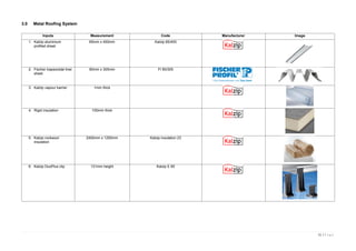 11 | P a g e
3.0 Metal Roofing System
Inputs Measurement Code Manufacturer Image
1. Kalzip aluminium
profiled sheet
65mm x 400mm Kalzip 65/400
2. Fischer trapezoidal liner
sheet
90mm x 305mm FI 90/305
3. Kalzip vapour barrier 1mm thick
4. Rigid insulation 100mm thick
5. Kalzip rockwool
insulation
2400mm x 1200mm Kalzip insulation 23
6. Kalzip DuoPlus clip 131mm height Kalzip E 60
 