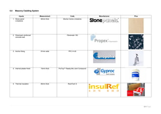 13 | P a g e
5.0 Masonry Cladding System
Inputs Measurement Code Manufacturer Pics
1. Stone panel:
Limestone
60mm thick Mocha Creme Limestone
2. Fibremesh reinforced
concrete wall
Fibremesh 150
3. Anchor fixing 81mm wide PR 3 H 40
4. Internal plaster finish 15mm thick ProTop™ Ready-Mix Joint Compound
5. Thermal insulation 60mm thick RockTech S
 