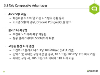 22
3.3 Tajo Comparative Advantages
• ANSI SQL 지원
– 학습비용 최소화 및 기존 시스템의 젂홖 용이
– 비표준 SQL의 경우, Oracle과 PostgreSQL을 참고
• 클러스터 확...