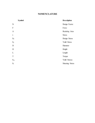 NOMENCLATURE
Symbol Description
N Design Factor
F Force
A Resisting Area
τ Stress
Sd Design Stress
Sy Yeild Stress
D Diameter
H Height
L Length
T Torque
Sys Yeild Stresss
Ss Shearing Stress
 