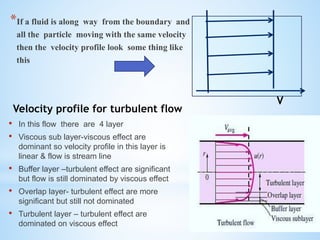 *If a fluid is along way from the boundary and
all the particle moving with the same velocity
then the velocity profile look some thing like
this
• In this flow there are 4 layer
• Viscous sub layer-viscous effect are
dominant so velocity profile in this layer is
linear & flow is stream line
• Buffer layer –turbulent effect are significant
but flow is still dominated by viscous effect
• Overlap layer- turbulent effect are more
significant but still not dominated
• Turbulent layer – turbulent effect are
dominated on viscous effect
V
Velocity profile for turbulent flow
 
