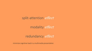 split-attention effect
minimize cognitive load in a multimedia presentation
modality effect
redundancy effect
 