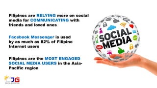 Filipinos are RELYING more on social
media for COMMUNICATING with
friends and loved ones
Facebook Messenger is used
by as much as 82% of Filipino
Internet users
Filipinos are the MOST ENGAGED
SOCIAL MEDIA USERS in the Asia-
Pacific region
 