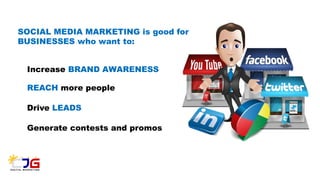 SOCIAL MEDIA MARKETING is good for
BUSINESSES who want to:
Increase BRAND AWARENESS
REACH more people
Drive LEADS
Generate contests and promos
 