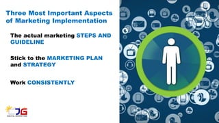 Three Most Important Aspects
of Marketing Implementation
The actual marketing STEPS AND
GUIDELINE
Stick to the MARKETING PLAN
and STRATEGY
Work CONSISTENTLY
 