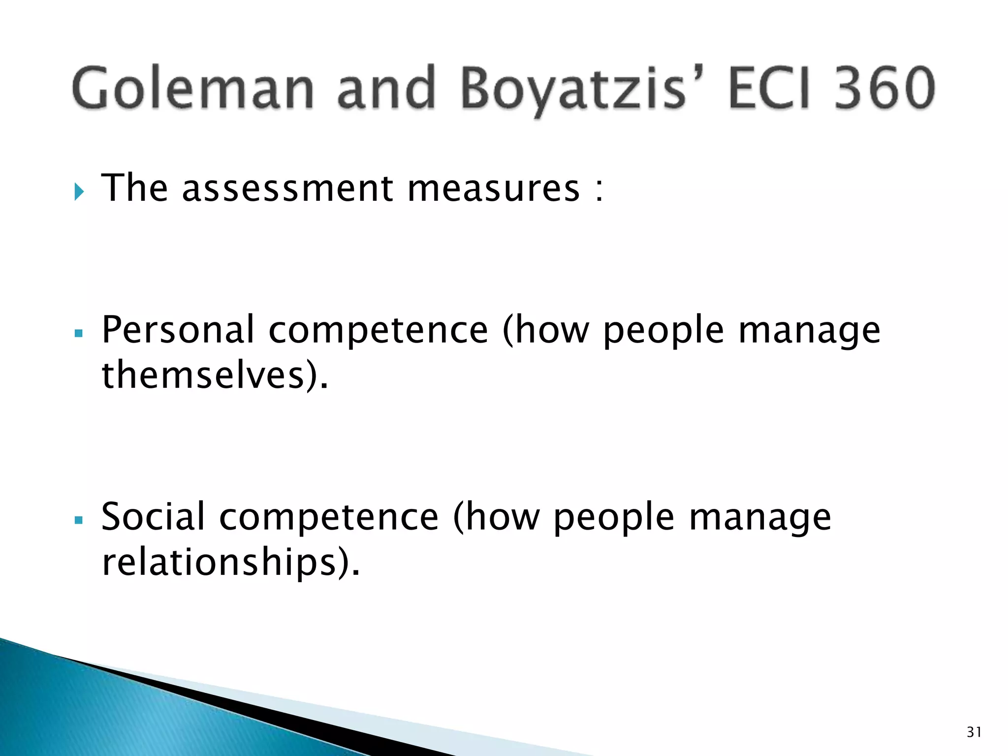  The assessment measures :
 Personal competence (how people manage
themselves).
 Social competence (how people manage
relationships).
31
 