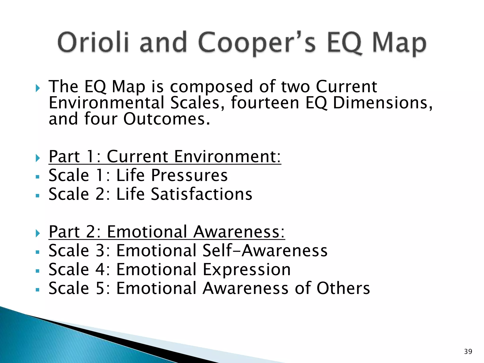  The EQ Map is composed of two Current
Environmental Scales, fourteen EQ Dimensions,
and four Outcomes.
 Part 1: Current Environment:
 Scale 1: Life Pressures
 Scale 2: Life Satisfactions
 Part 2: Emotional Awareness:
 Scale 3: Emotional Self-Awareness
 Scale 4: Emotional Expression
 Scale 5: Emotional Awareness of Others
39
 