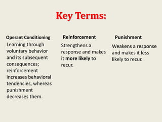 Key Terms:
Operant Conditioning
Learning through
voluntary behavior
and its subsequent
consequences;
reinforcement
increases behavioral
tendencies, whereas
punishment
decreases them.
Reinforcement
Strengthens a
response and makes
it more likely to
recur.
Punishment
Weakens a response
and makes it less
likely to recur.
 
