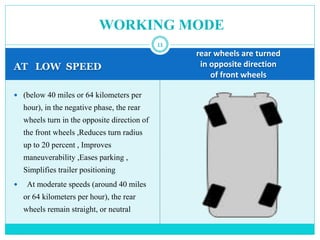 AT LOW SPEED
rear wheels are turned
in opposite direction
of front wheels
 (below 40 miles or 64 kilometers per
hour), in the negative phase, the rear
wheels turn in the opposite direction of
the front wheels ,Reduces turn radius
up to 20 percent , Improves
maneuverability ,Eases parking ,
Simplifies trailer positioning
 At moderate speeds (around 40 miles
or 64 kilometers per hour), the rear
wheels remain straight, or neutral
WORKING MODE
11
 