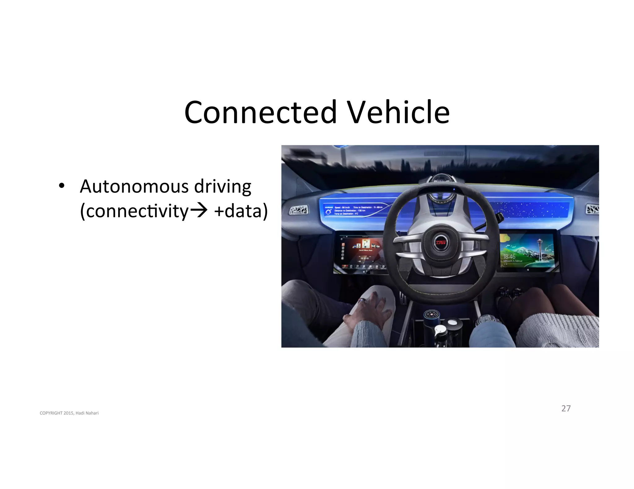 Connected'Vehicle'
27'
•  Autonomous'driving'
(connec2vity!'+data)'
COPYRIGHT'2015,'Hadi'Nahari'
 