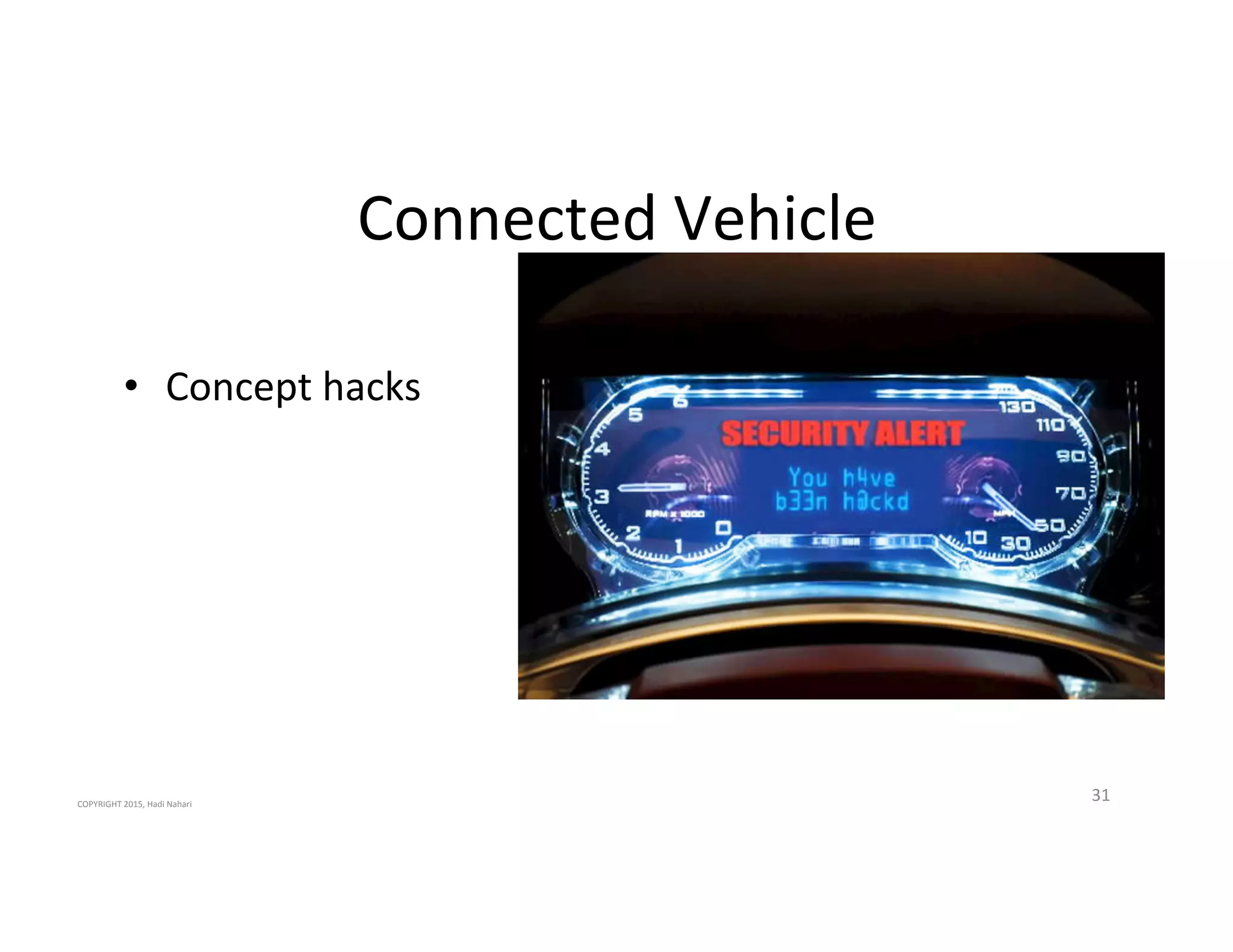 Connected'Vehicle'
•  Concept'hacks'
31'COPYRIGHT'2015,'Hadi'Nahari'
 