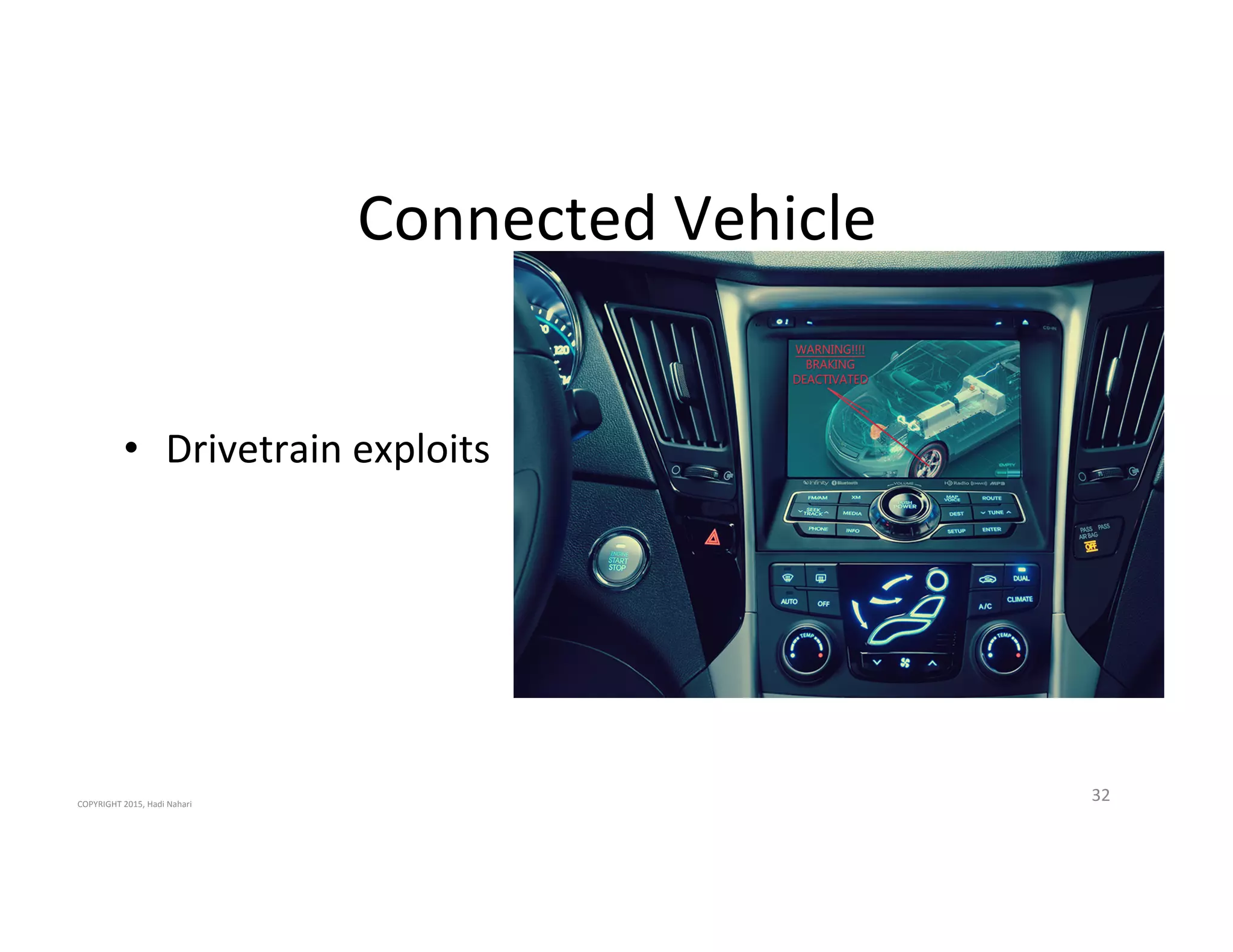 Connected'Vehicle'
•  Drivetrain'exploits'
32'COPYRIGHT'2015,'Hadi'Nahari'
 