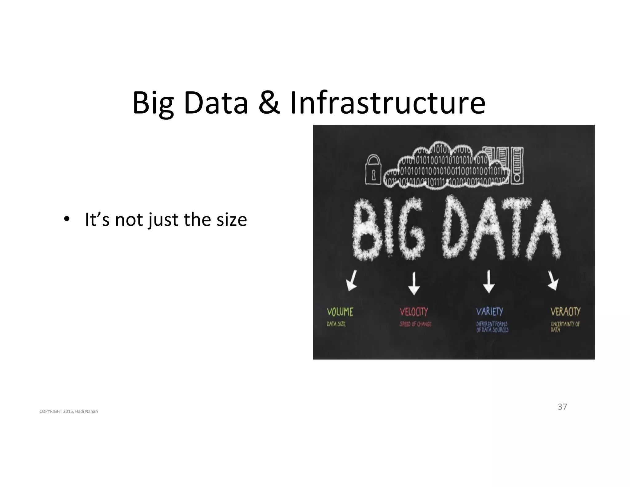 37'
Big'Data'&'Infrastructure'
'
''
•  It’s'not'just'the'size'
COPYRIGHT'2015,'Hadi'Nahari'
 