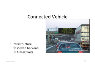 Connected'Vehicle'
•  Infrastructure'
!'VPN'to'backend'
!'1_N'exploits'
34'COPYRIGHT'2015,'Hadi'Nahari'
 