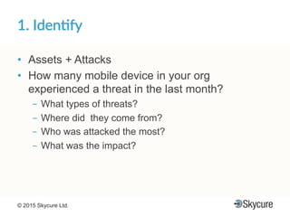 Title of Presentation DD/MM/YYYY© 2015 Skycure Ltd. 17
1.'Iden#fy'
•  Assets + Attacks
•  How many mobile device in your org
experienced a threat in the last month?
-  What types of threats?
-  Where did they come from?
-  Who was attacked the most?
-  What was the impact?
 
