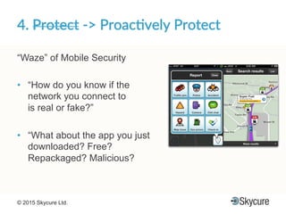 Title of Presentation DD/MM/YYYY© 2015 Skycure Ltd. 20
4.'Protect'F>'Proac#vely'Protect'
“Waze” of Mobile Security
•  “How do you know if the
network you connect to
is real or fake?”
•  “What about the app you just
downloaded? Free?
Repackaged? Malicious?
 