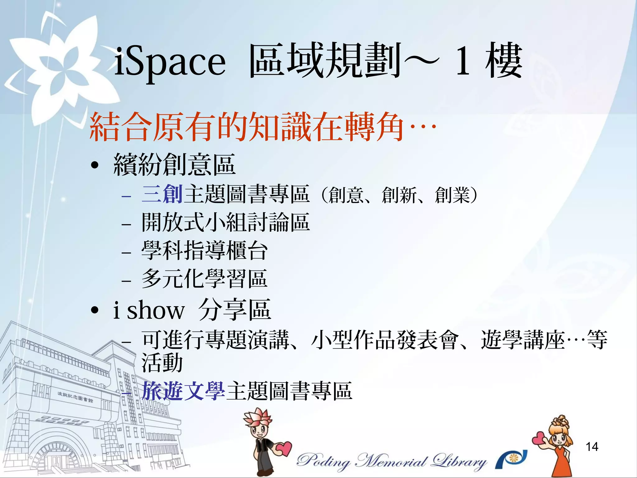 14
iSpace 區域規劃～ 1 樓
• 繽紛創意區
– 三創主題圖書專區（創意、創新、創業）
– 開放式小組討論區
– 學科指導櫃台
– 多元化學習區
• i show 分享區
– 可進行專題演講、小型作品發表會、遊學講座…等
活動
– 旅遊文學主題圖書專區
結合原有的知識在轉角…
 