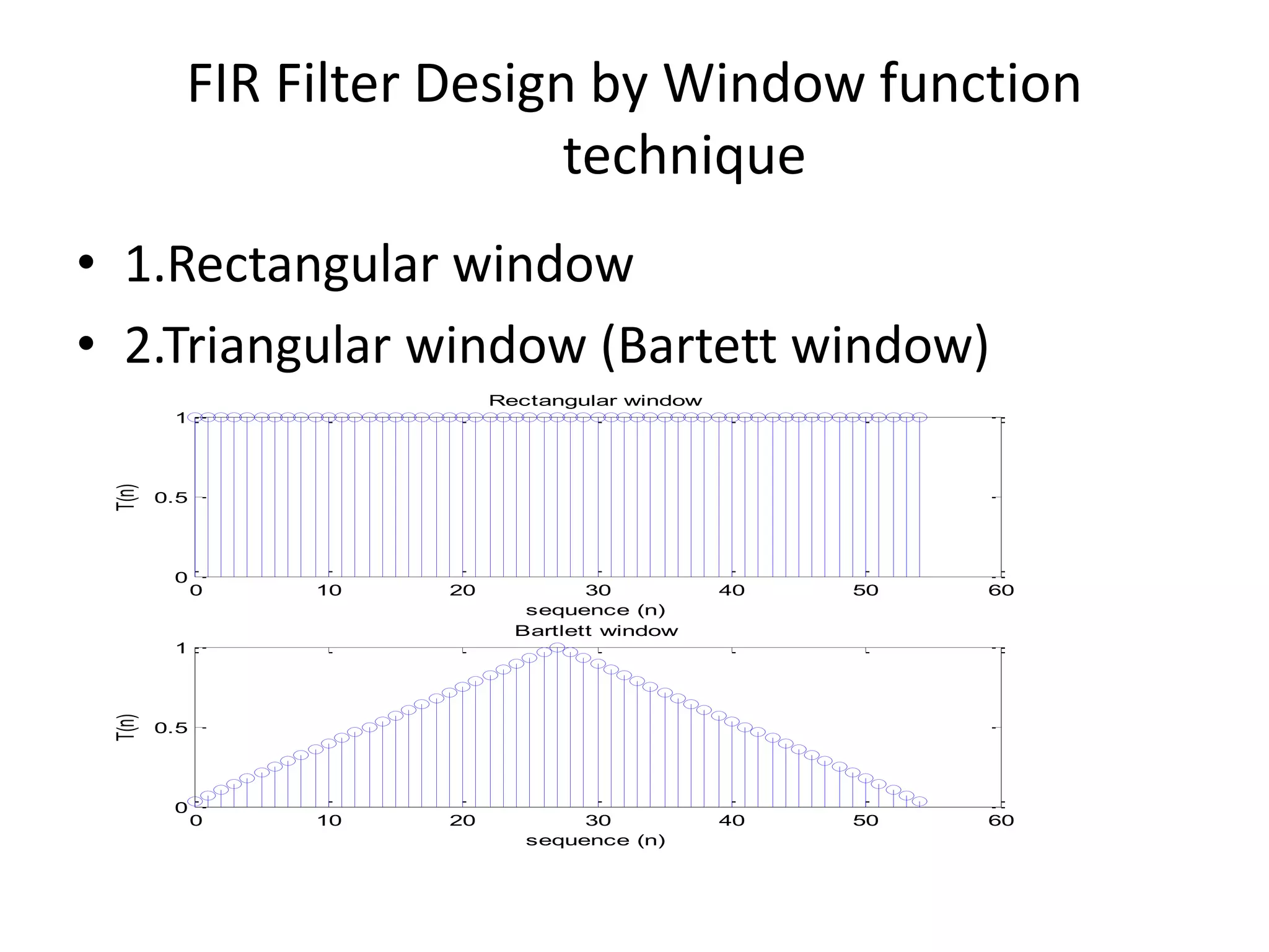 FIR Filter Design by Window function
technique
• 1.Rectangular window
• 2.Triangular window (Bartett window)
0 10 20 30 40 50 60
0
0.5
1
sequence (n)
T(n)
Rectangular window
0 10 20 30 40 50 60
0
0.5
1
sequence (n)
T(n)
Bartlett window
 
