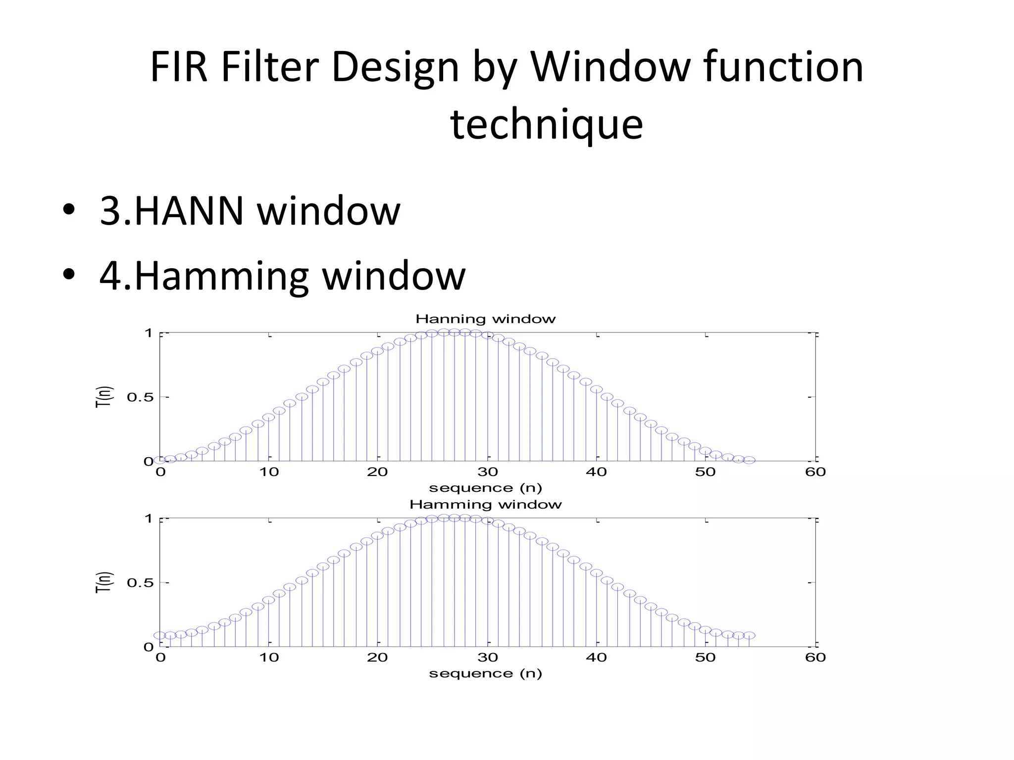0 10 20 30 40 50 60
0
0.5
1
sequence (n)
T(n)
Hanning window
0 10 20 30 40 50 60
0
0.5
1
sequence (n)
T(n)
Hamming window
FIR Filter Design by Window function
technique
• 3.HANN window
• 4.Hamming window
 