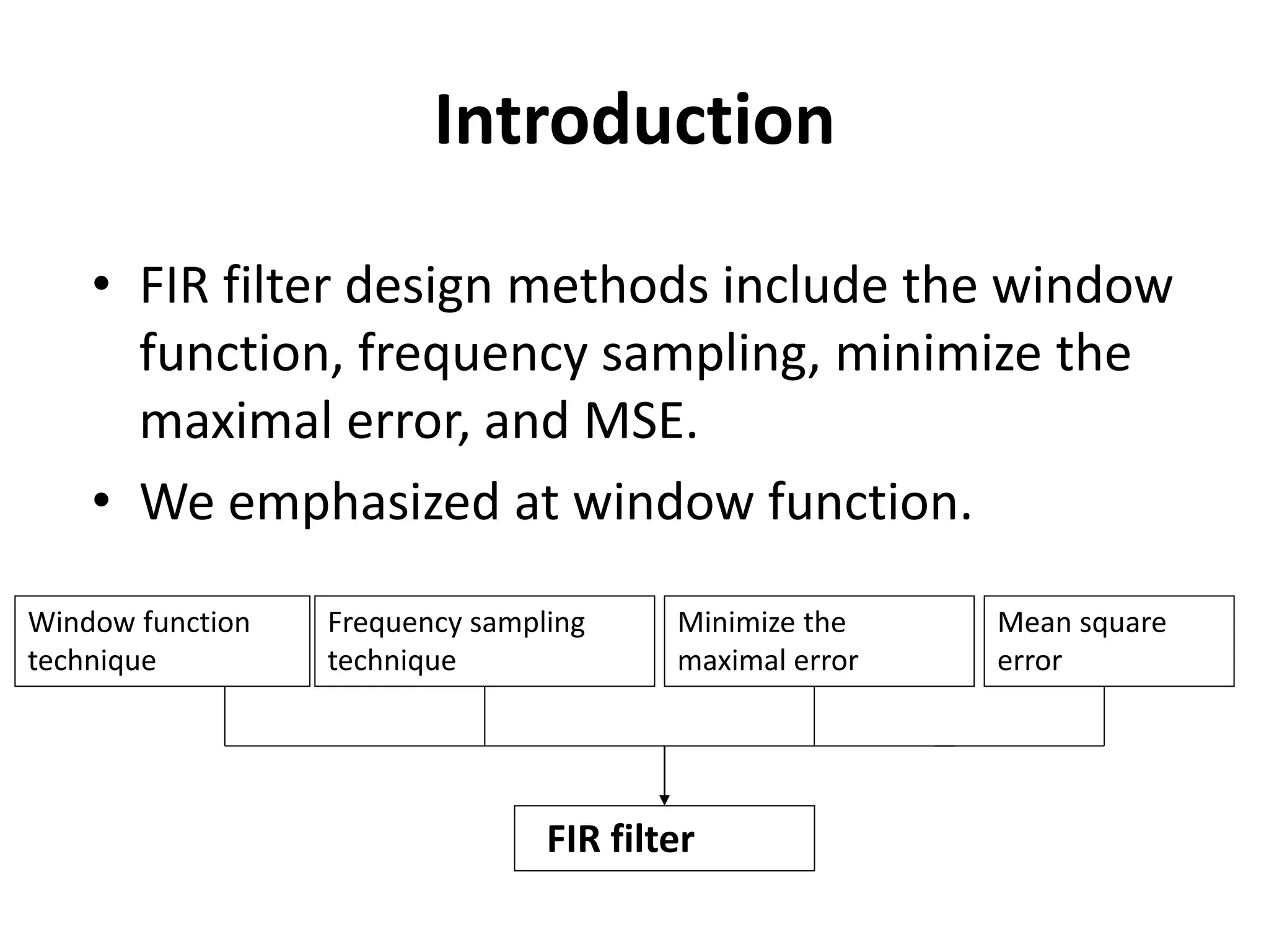 Introduction
• FIR filter design methods include the window
function, frequency sampling, minimize the
maximal error, and MSE.
• We emphasized at window function.
Window function
technique
Frequency sampling
technique
Minimize the
maximal error
FIR filter
Mean square
error
 