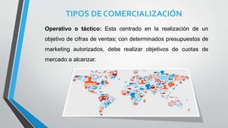 TIPOS DE COMERCIALIZACIÓN
Operativo o táctico: Esta centrado en la realización de un
objetivo de cifras de ventas; con determinados presupuestos de
marketing autorizados, debe realizar objetivos de cuotas de
mercado a alcanzar.
 