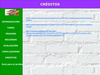 CRÉDITOS
INTRODUCCIÓN
TAREA
PROCESO
RECURSOS
EVALUACIÓN
CONCLUSIONES
CREDITOS
Guía para el profesor
http://cienciasrotaciontraslacion.blogspot.com.ar/2013/06/webquest-para-ciencias-naturales-
4o.html 
http://cienciasrotaciontraslacion.blogspot.com.ar/2013/06/webquest-para-ciencias-naturales-
4o.html
http://cnaturales.cubaeduca.cu/index.php?
option=com_content&view=article&id=10819%3Atemael-movimiento-de-traslacion-de-la-
tierra5to-grado&catid=526%3Atemas-p&Itemid=101
 