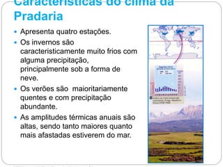 Características do clima da
Pradaria
 Apresenta quatro estações.
 Os invernos são
caracteristicamente muito frios com
alguma precipitação,
principalmente sob a forma de
neve.
 Os verões são maioritariamente
quentes e com precipitação
abundante.
 As amplitudes térmicas anuais são
altas, sendo tanto maiores quanto
mais afastadas estiverem do mar.
 