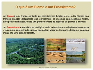 O que é um Bioma e um Ecossistema?
Um Bioma é um grande conjunto de ecossistemas ligados entre si. Os Biomas são
grandes espaços geográficos que apresentam as mesmas características físicas,
biológicas e climáticas, tendo um grande número de espécies de plantas e animais.
Um Ecossistema é um sistema ecológico onde existe vida e a relação entre os seres
vivos em um determinado espaço, que podem variar de tamanho, desde um pequeno
charco até uma grande floresta.
http://www.escolakids.com/bioma.htm
 