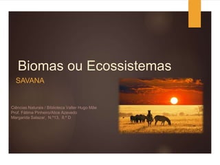 Biomas ou Ecossistemas
SAVANA
Ciências Naturais / Biblioteca Valter Hugo Mãe
Prof. Fátima Pinheiro/Alice Azevedo
Margarida Salazar, N.º13, 8.º D
 