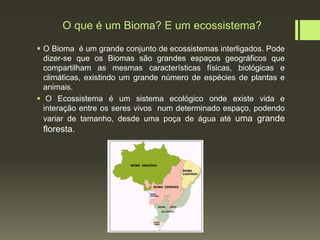 O que é um Bioma? E um ecossistema?
 O Bioma é um grande conjunto de ecossistemas interligados. Pode
dizer-se que os Biomas são grandes espaços geográficos que
compartilham as mesmas características físicas, biológicas e
climáticas, existindo um grande número de espécies de plantas e
animais.
 O Ecossistema é um sistema ecológico onde existe vida e
interação entre os seres vivos num determinado espaço, podendo
variar de tamanho, desde uma poça de água até uma grande
floresta.
 