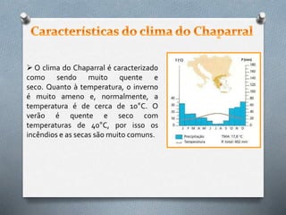  O clima do Chaparral é caracterizado
como sendo muito quente e
seco. Quanto à temperatura, o inverno
é muito ameno e, normalmente, a
temperatura é de cerca de 10°C. O
verão é quente e seco com
temperaturas de 40°C, por isso os
incêndios e as secas são muito comuns.
 