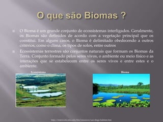  O Bioma é um grande conjunto de ecossistemas interligados. Geralmente,
os Biomas são definidos de acordo com a vegetação principal que os
constitui. Em alguns casos, o Bioma é delimitado obedecendo a outros
critérios, como o clima, os tipos de solos, entre outros
 Ecossistemas terrestres são conjuntos naturais que formam os Biomas da
Terra. Conjunto formado pelos seres vivos, o ambiente ou meio físico e as
interações que se estabelecem entre os seres vivos e entre estes e o
ambiente.
Ecossistema Bioma
http://interwork.sdsu.edu/fire/resources/san-diego-habitats.htm
 