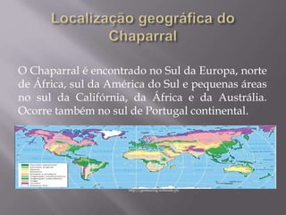 http://geotouring.webnode.pt/
O Chaparral é encontrado no Sul da Europa, norte
de África, sul da América do Sul e pequenas áreas
no sul da Califórnia, da África e da Austrália.
Ocorre também no sul de Portugal continental.
 