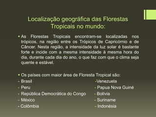 Localização geográfica das Florestas
Tropicais no mundo:
 As Florestas Tropicais encontram-se localizadas nos
trópicos, na região entre os Trópicos de Capricórnio e de
Câncer. Nesta região, a intensidade da luz solar é bastante
forte e incide com a mesma intensidade à mesma hora do
dia, durante cada dia do ano, o que faz com que o clima seja
quente e estável.
 Os países com maior área de Floresta Tropical são:
- Brasil -Venezuela
- Peru - Papua Nova Guiné
- República Democrática do Congo - Bolívia
- México - Suriname
- Colômbia - Indonésia
 