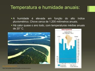 Temperatura e humidade anuais:
 A humidade é elevada em função do alto índice
pluviométrico. Chove cerca de 1.200 milímetros anuais.
 Há calor quase o ano todo, com temperaturas médias anuais
de 20° C.
https://www.google.pt/search?q=gráfico+termopluviometrico
www.portalsaofrancisco.com.br
 