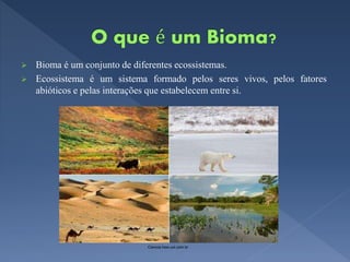  Bioma é um conjunto de diferentes ecossistemas.
 Ecossistema é um sistema formado pelos seres vivos, pelos fatores
abióticos e pelas interações que estabelecem entre si.
Ciencia.hsw.uol.com.br
 
